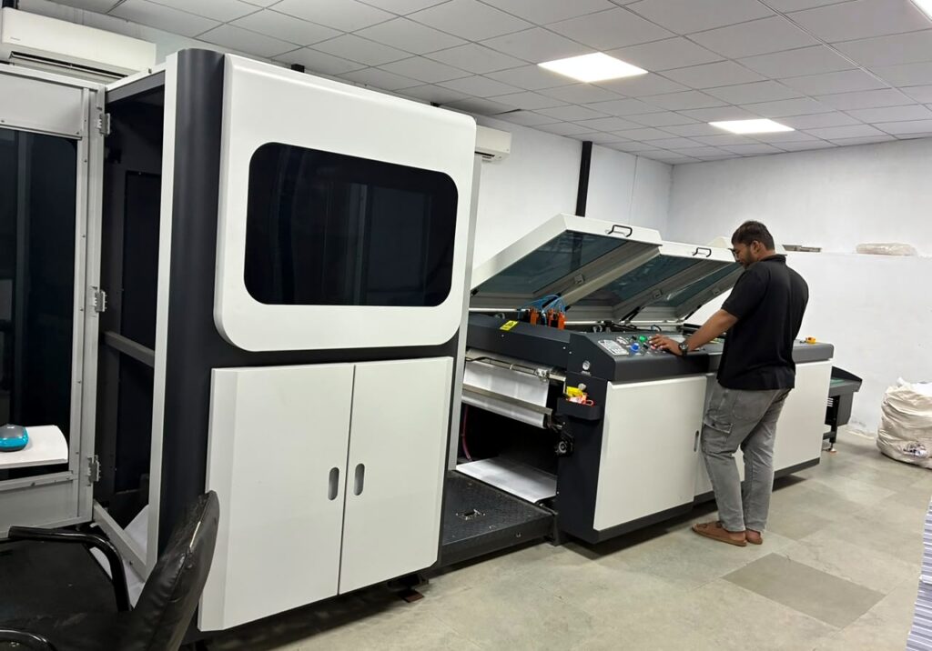 Skilled Press Operator Performing Quality Control During Printing